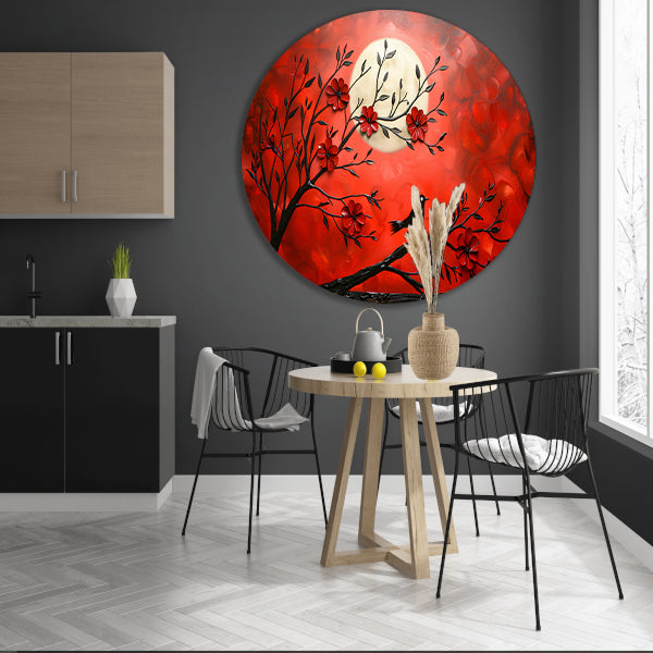 Abstracte vogel en bloemen op rode achtergrond forex muurcirkel