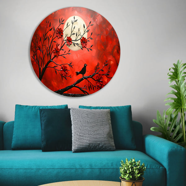 Abstracte vogel en bloemen op rode achtergrond forex muurcirkel