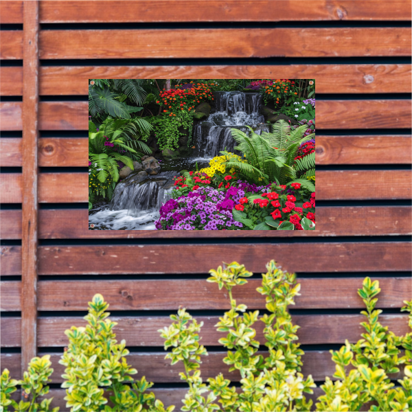 Kleurrijke tuin met waterval en diverse bloemen tuinposter