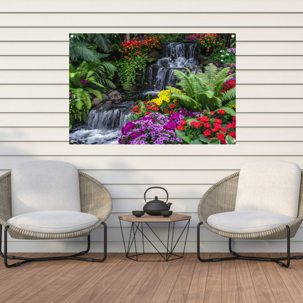 Kleurrijke tuin met waterval en diverse bloemen tuinposter