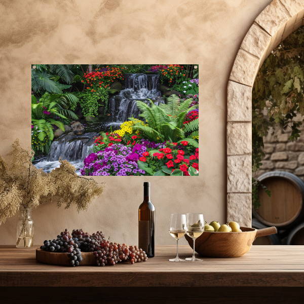 Kleurrijke tuin met waterval en diverse bloemen tuinposter