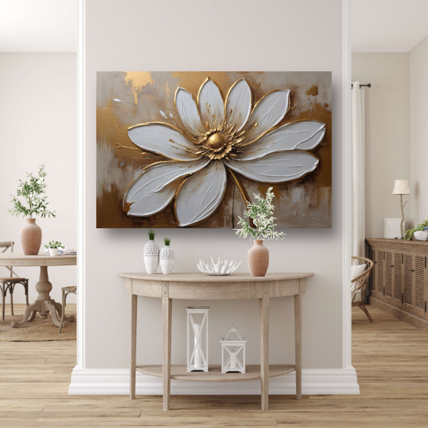 Witte Bloem met Gouden Accenten canvas