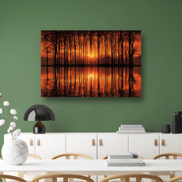 Mystieke zonsondergang in bos bij meer canvas