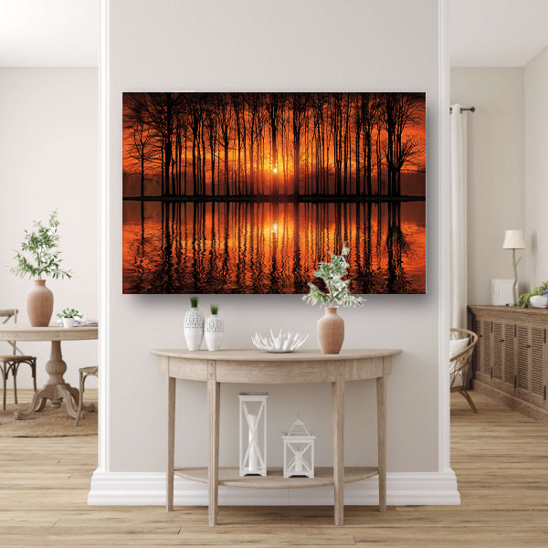Mystieke zonsondergang in bos bij meer canvas