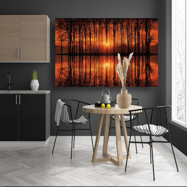 Mystieke zonsondergang in bos bij meer canvas
