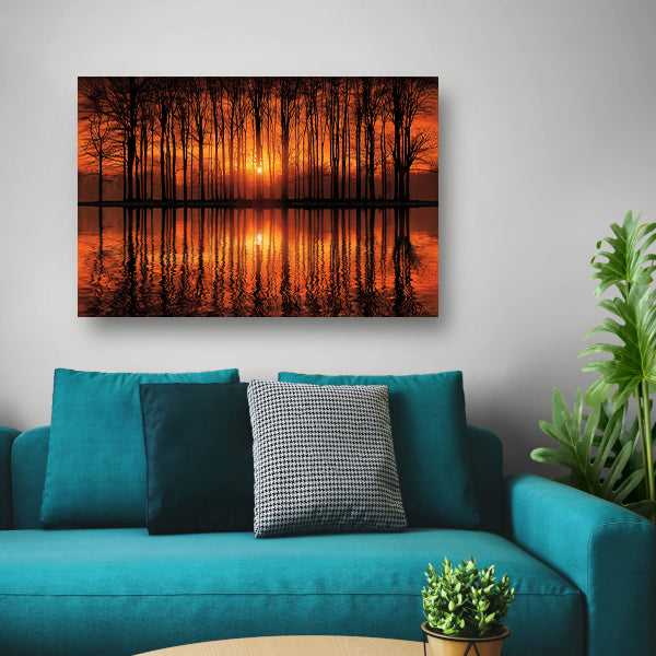 Mystieke zonsondergang in bos bij meer canvas