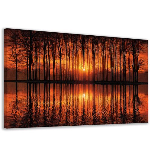 Mystieke zonsondergang in bos bij meer canvas