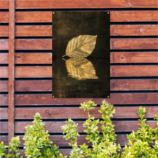 Verguld blad drijvend op sepia water tuinposter