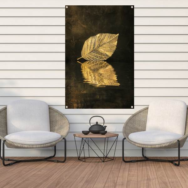 Verguld blad drijvend op sepia water tuinposter