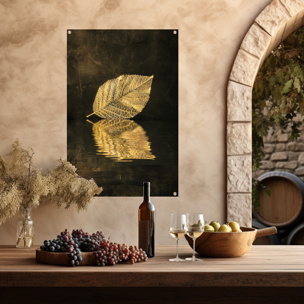 Verguld blad drijvend op sepia water tuinposter