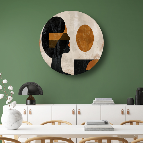 Vrouwelijk silhouet en abstracte cirkels in monochrome kleuren aluminium muurcirkel