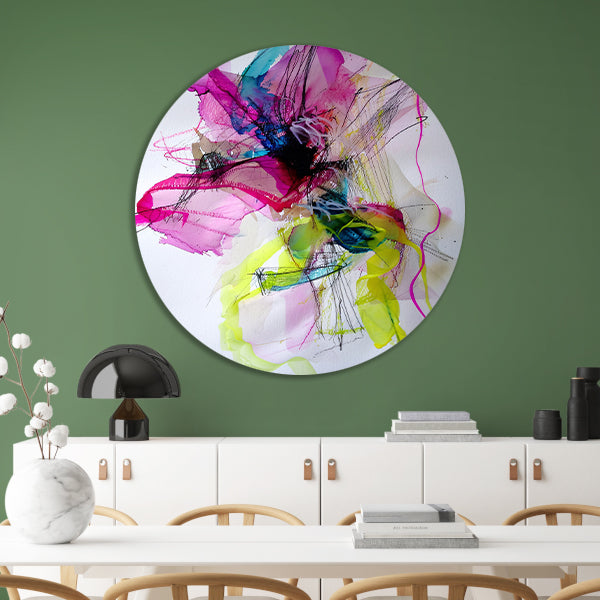 Abstracte kleurrijke dynamische kunst met lijnen aluminium muurcirkel