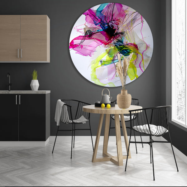 Abstracte kleurrijke dynamische kunst met lijnen aluminium muurcirkel