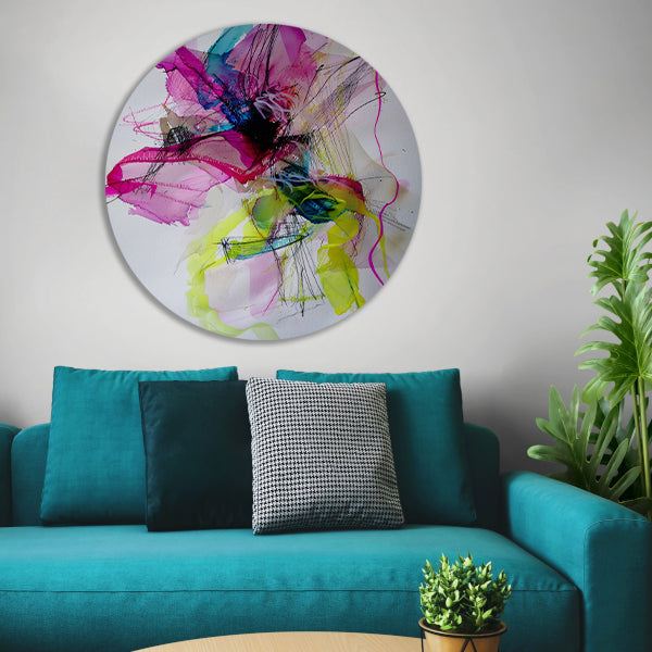 Abstracte kleurrijke dynamische kunst met lijnen aluminium muurcirkel