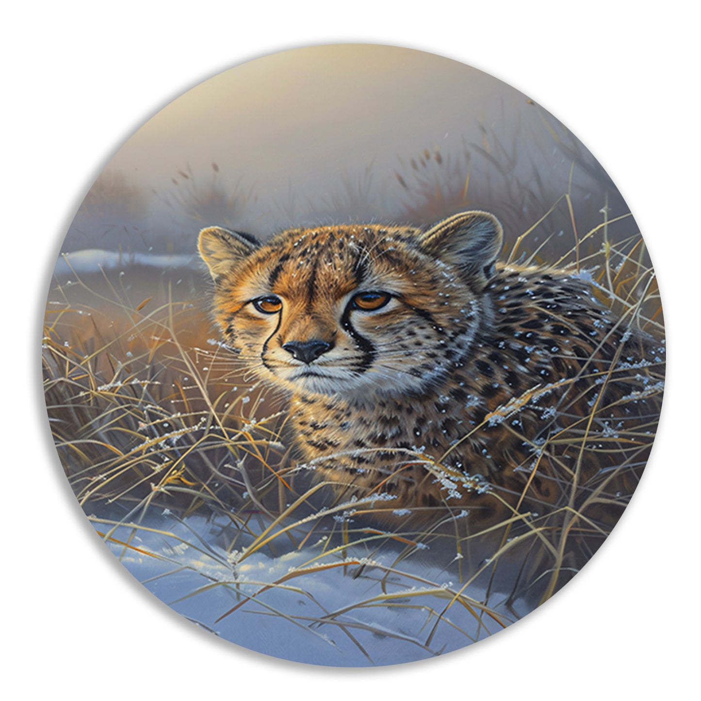 Jonge cheeta in sneeuw bedekt gras aluminium muurcirkel