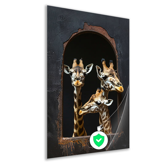 Drie Giraffen kijken door een Raam poster