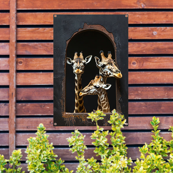 Drie Giraffen kijken door een Raam tuinposter