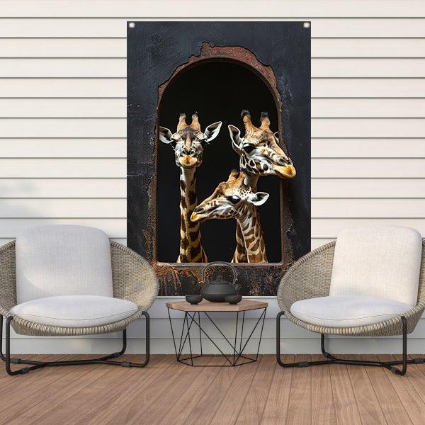 Drie Giraffen kijken door een Raam tuinposter