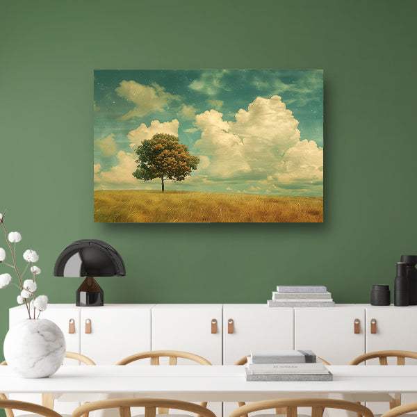 Boom in een uitgestrekt veld onder wolken acrylglas