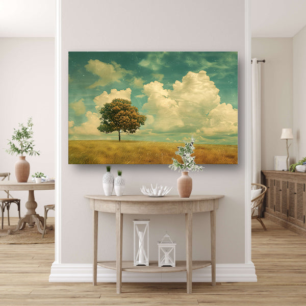 Boom in een uitgestrekt veld onder wolken acrylglas