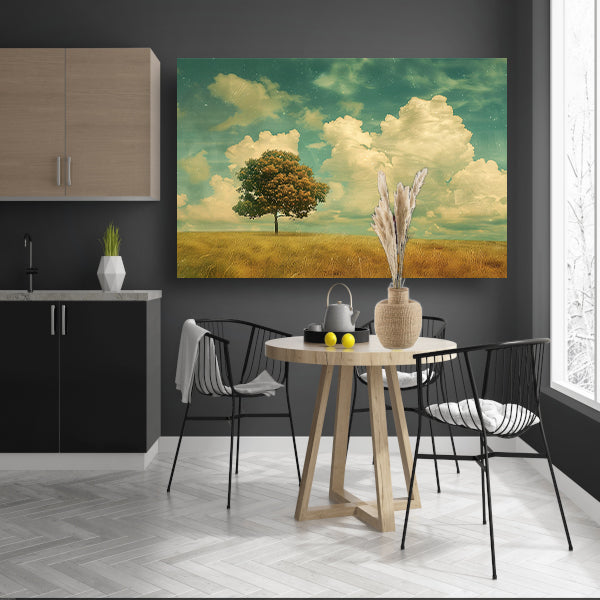 Boom in een uitgestrekt veld onder wolken acrylglas