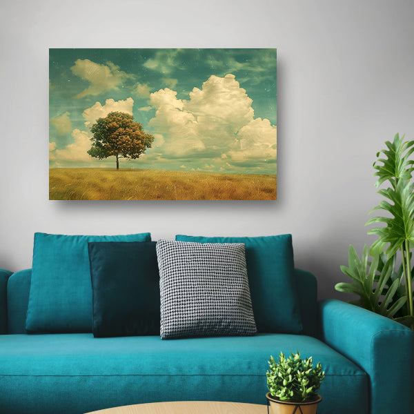 Boom in een uitgestrekt veld onder wolken poster
