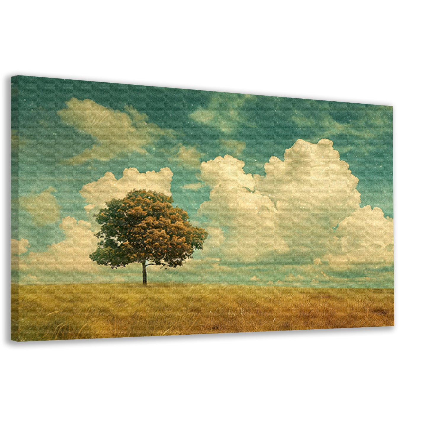 Boom in een uitgestrekt veld onder wolken canvas