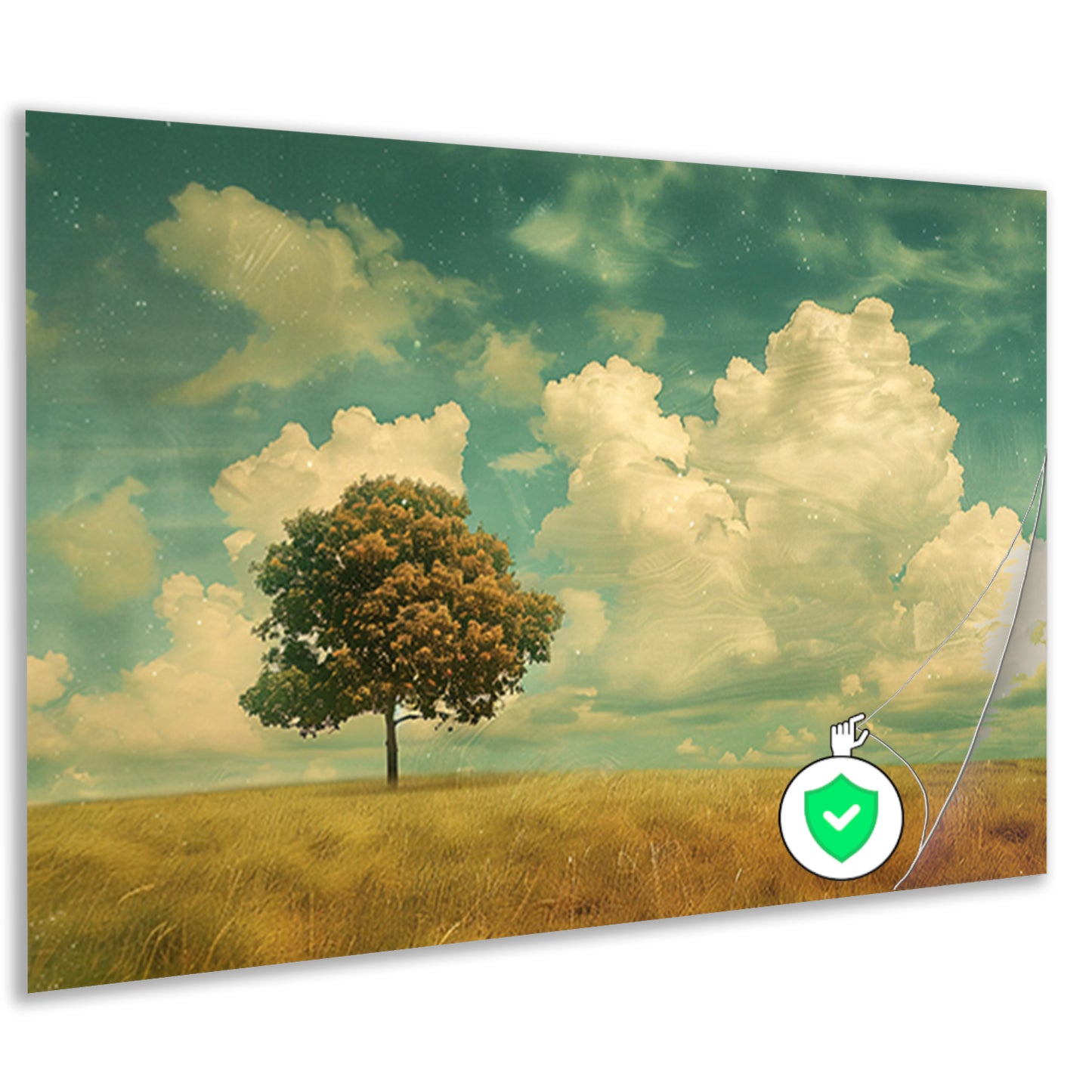 Boom in een uitgestrekt veld onder wolken poster