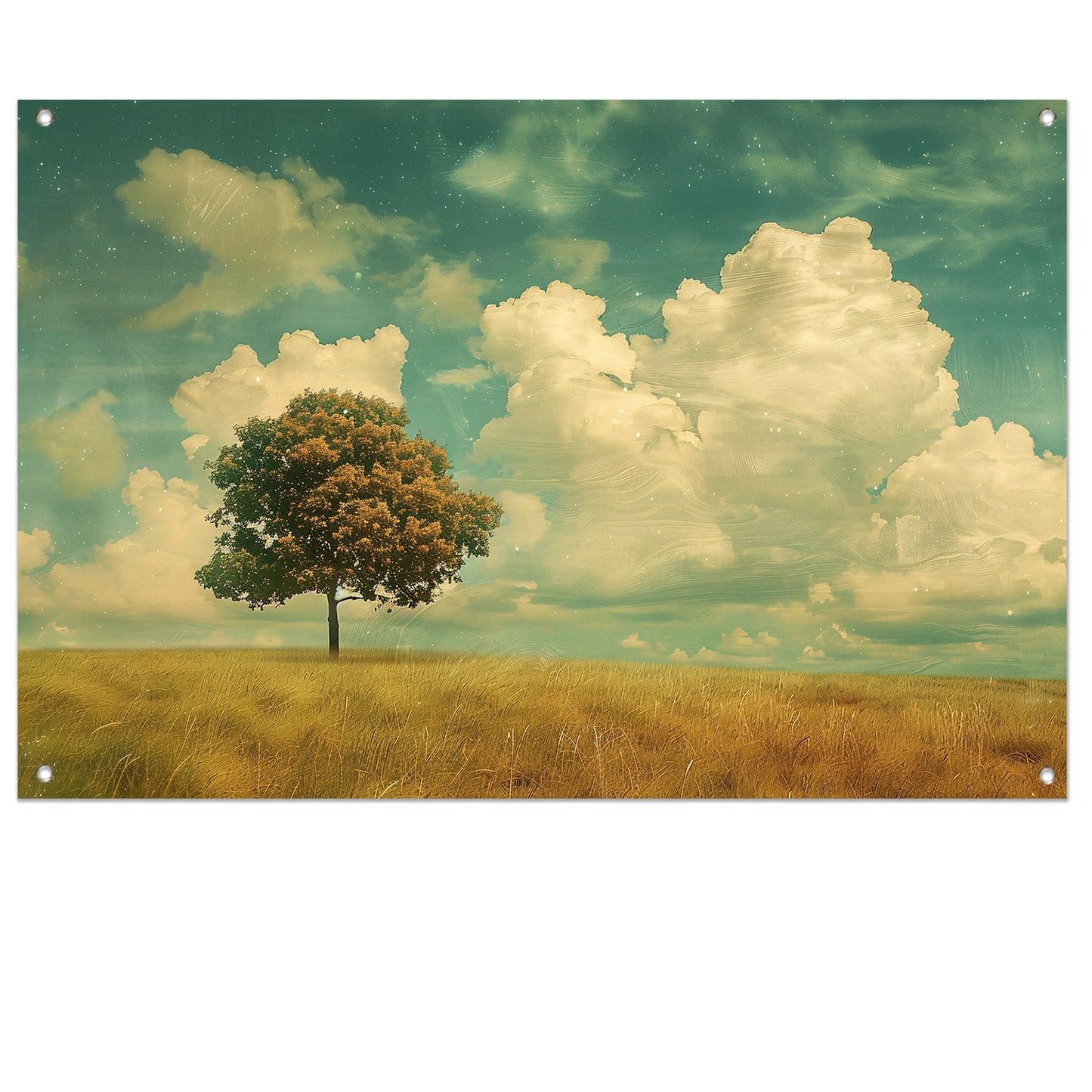 Boom in een uitgestrekt veld onder wolken tuinposter