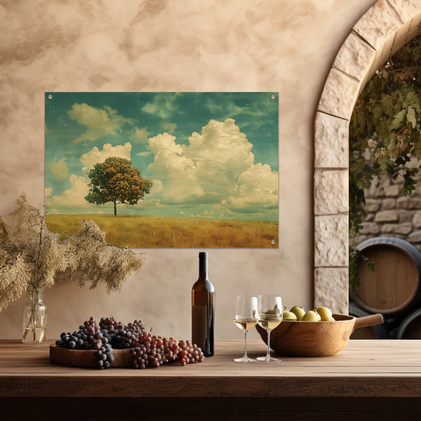 Boom in een uitgestrekt veld onder wolken tuinposter