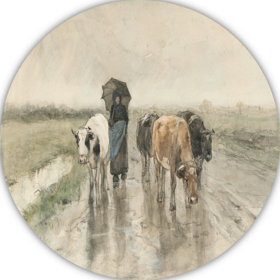 Een boerin met koeien op een landweg in de regen - Anton Mauve aluminium muurcirkel