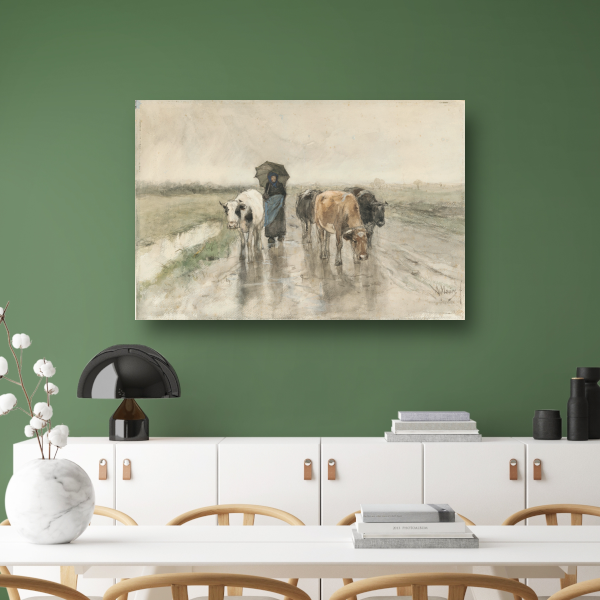 Een boerin met koeien op een landweg in de regen - Anton Mauve poster