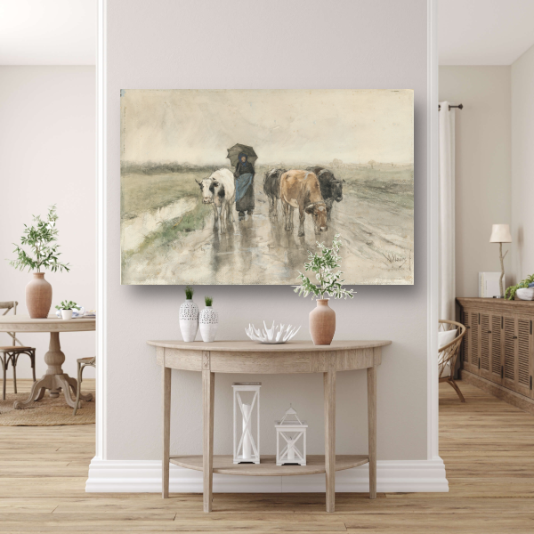 Een boerin met koeien op een landweg in de regen - Anton Mauve poster