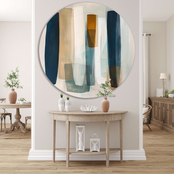 Moderne abstracte kunst in aardetinten en blauw aluminium muurcirkel