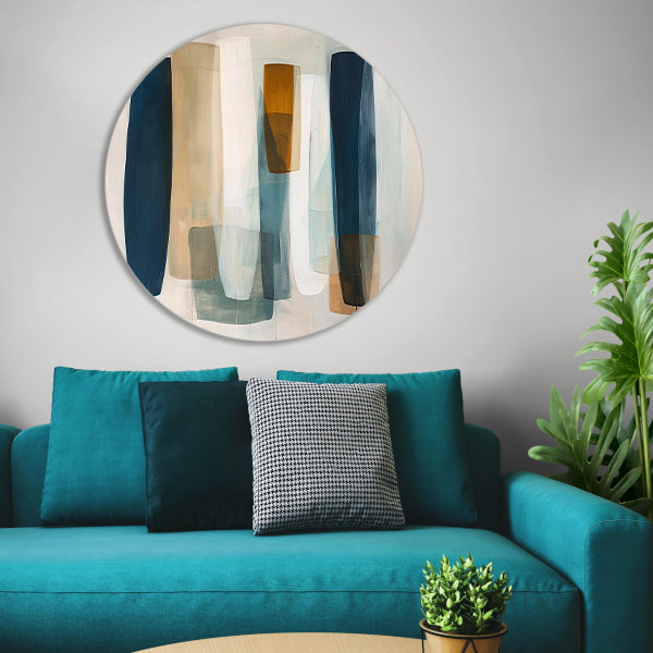 Moderne abstracte kunst in aardetinten en blauw aluminium muurcirkel