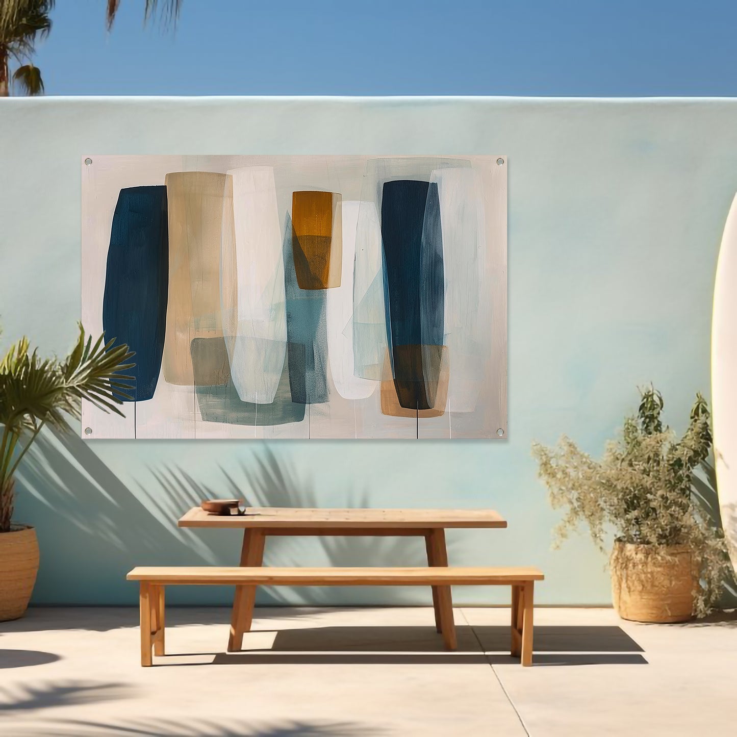 Moderne abstracte kunst in aardetinten en blauw tuinposter