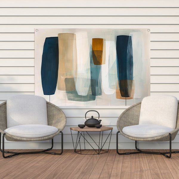 Moderne abstracte kunst in aardetinten en blauw tuinposter