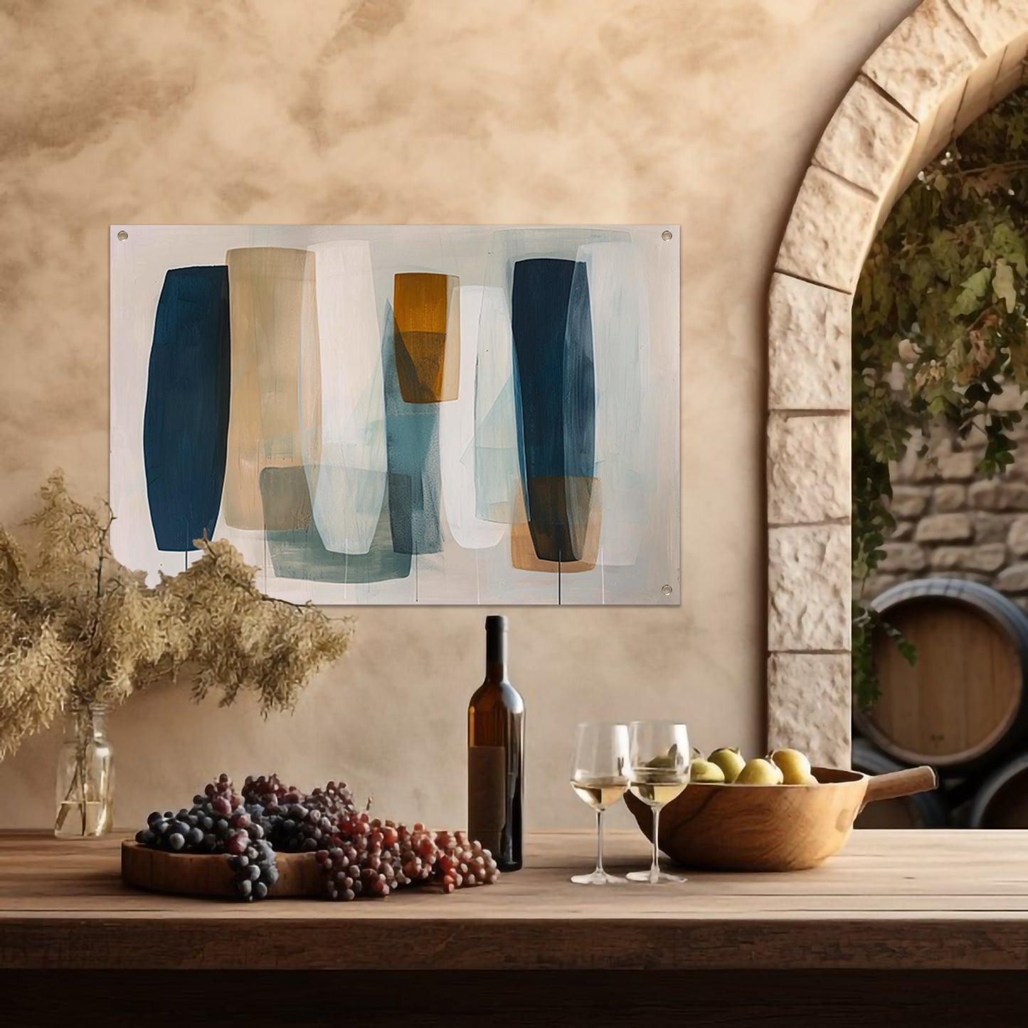 Moderne abstracte kunst in aardetinten en blauw tuinposter