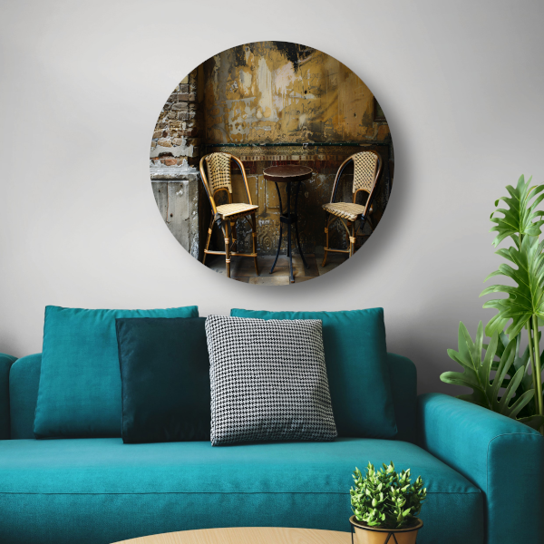 Versleten muur met klassieke bistrostoelen forex muurcirkel