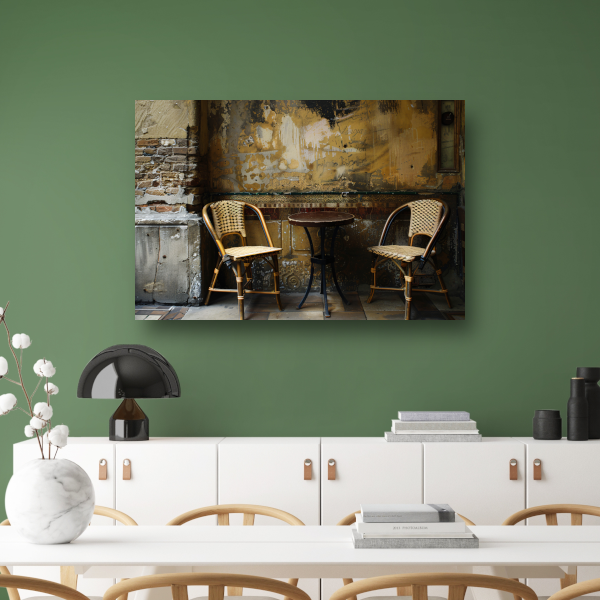 Versleten muur met klassieke bistrostoelen canvas