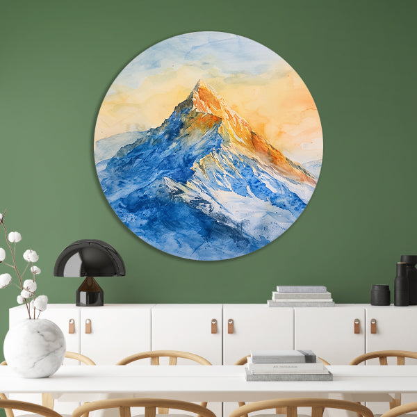 Kleurrijke aquarel van majestueuze bergtop aluminium muurcirkel