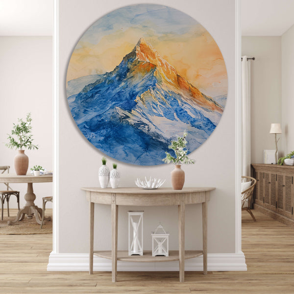 Kleurrijke aquarel van majestueuze bergtop aluminium muurcirkel