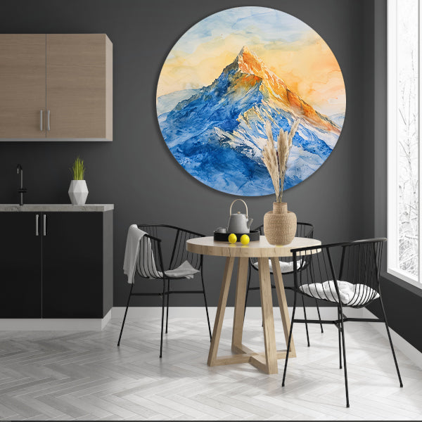 Kleurrijke aquarel van majestueuze bergtop aluminium muurcirkel