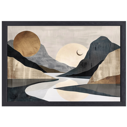 Meanderende Rivier Tussen Monochrome Bergen canvas met baklijst