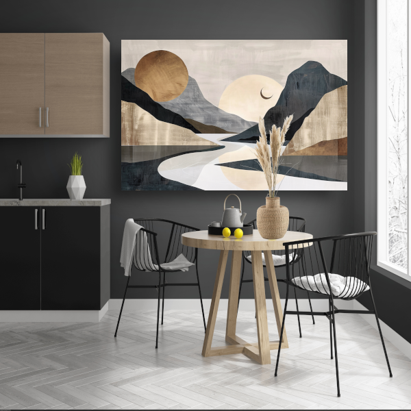 Meanderende Rivier Tussen Monochrome Bergen poster