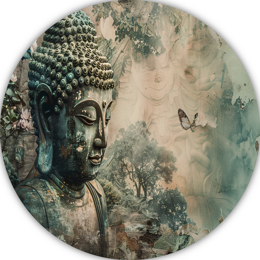 Serene Boeddha met bloesems in sepia tonen aluminium muurcirkel