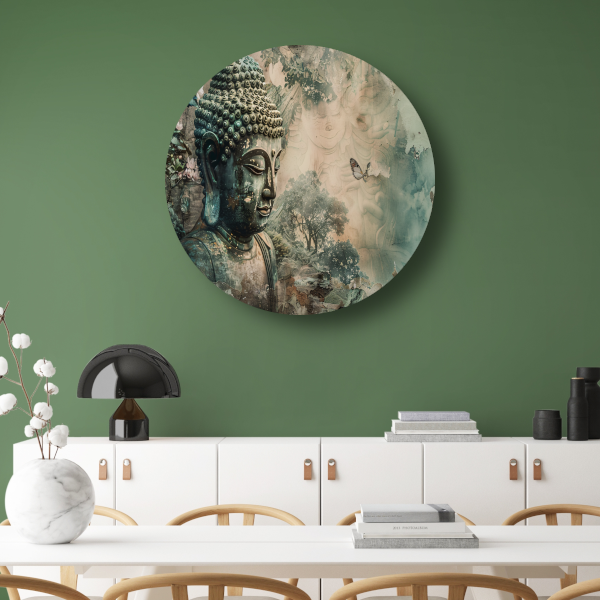Serene Boeddha met bloesems in sepia tonen forex muurcirkel