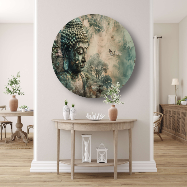 Serene Boeddha met bloesems in sepia tonen forex muurcirkel