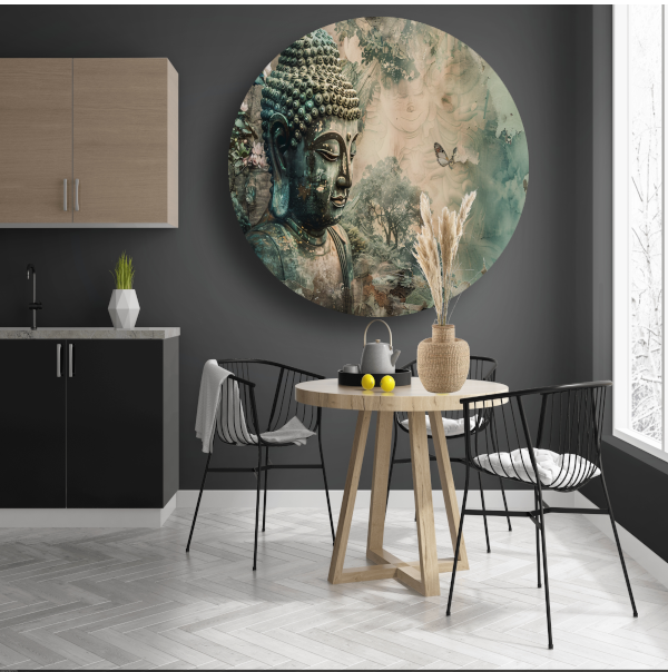 Serene Boeddha met bloesems in sepia tonen aluminium muurcirkel