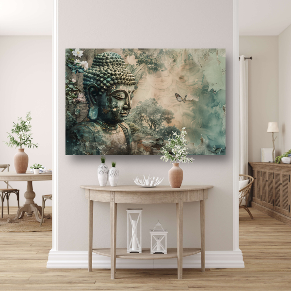 Serene Boeddha met bloesems in sepia tonen canvas
